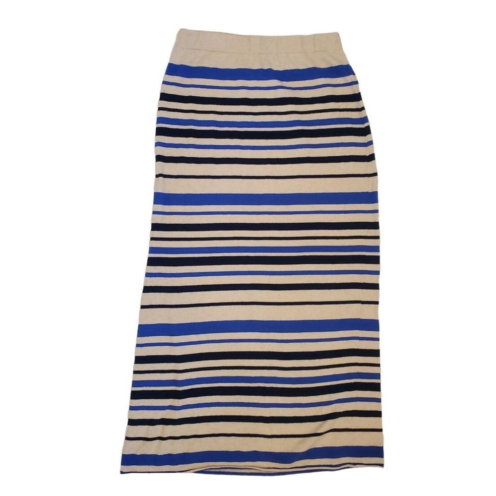 Anthropologie Sparrow Large Knit Maxi Skirt Striped Pullon‎ Cream Blue Lambswool